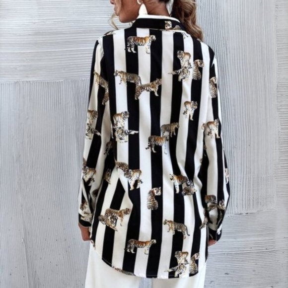 Striped & Tiger Print Button Up Blouse - Picture 6 of 7